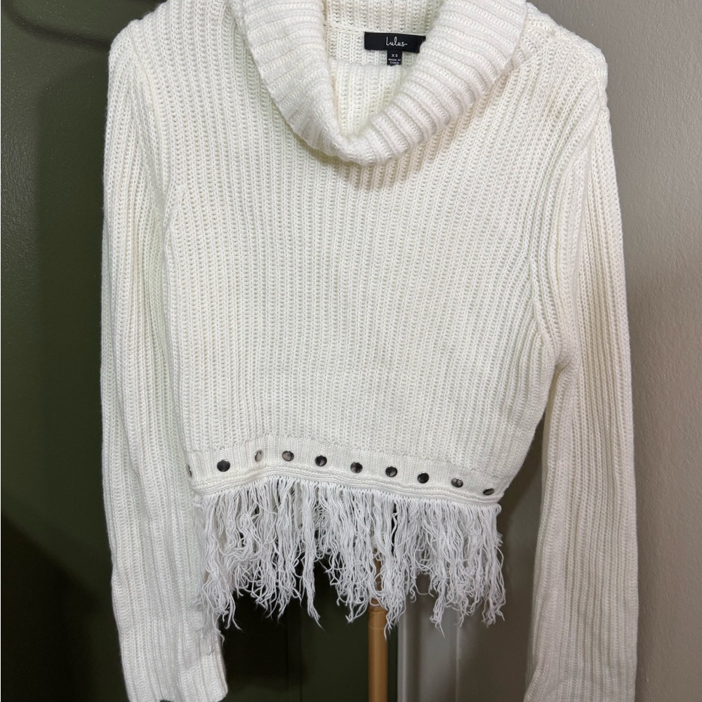 Lulu's Cream Cowl Neck Sweater with Fringe